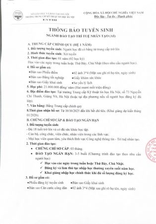 THÔNG BÁO TUYỂN SINH NGÀNH TRÍ TUỆ NHÂN TẠO (AI) THÔNG BÁO TUYỂN SINH NGÀNH TRÍ TUỆ NHÂN TẠO (AI)