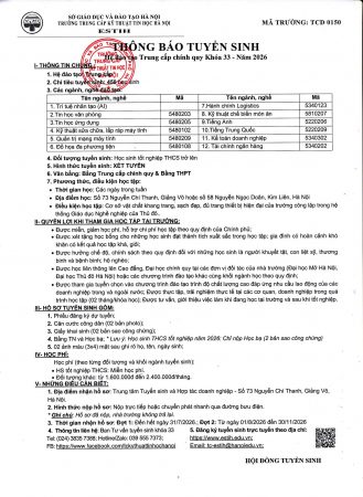 THÔNG BÁO TUYỂN SINH HỆ ĐÀO TẠO TRUNG CẤP CHÍNH QUY KHÓA 33 – NĂM 2026