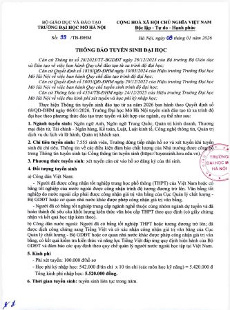 THÔNG BÁO TUYỂN SINH ĐẠI HỌC MỞ HÀ NỘI – NĂM 2026